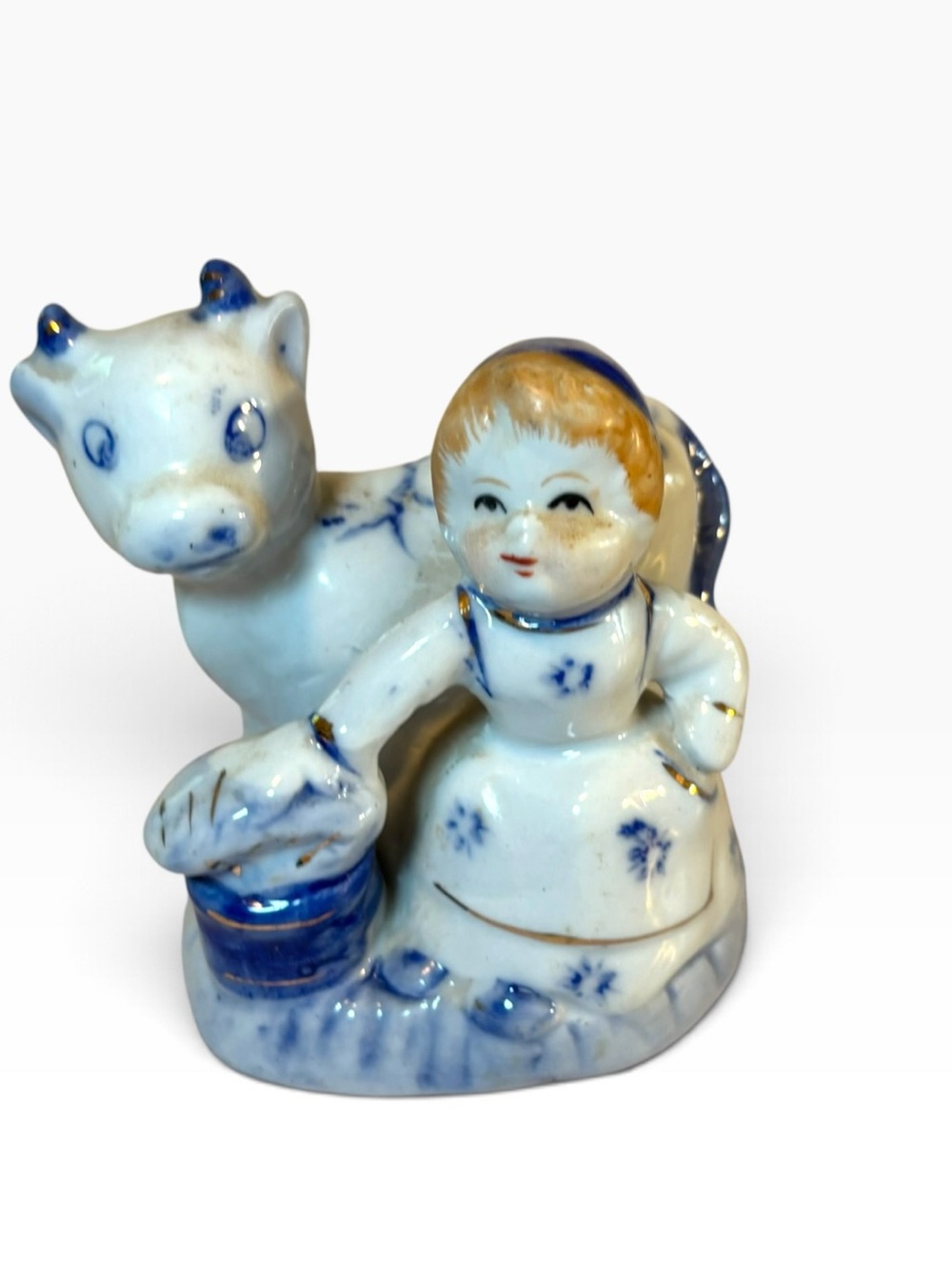 Vintage Dutch Girl Milkmaid Cow Figurine Blue White Made In China Porcelain